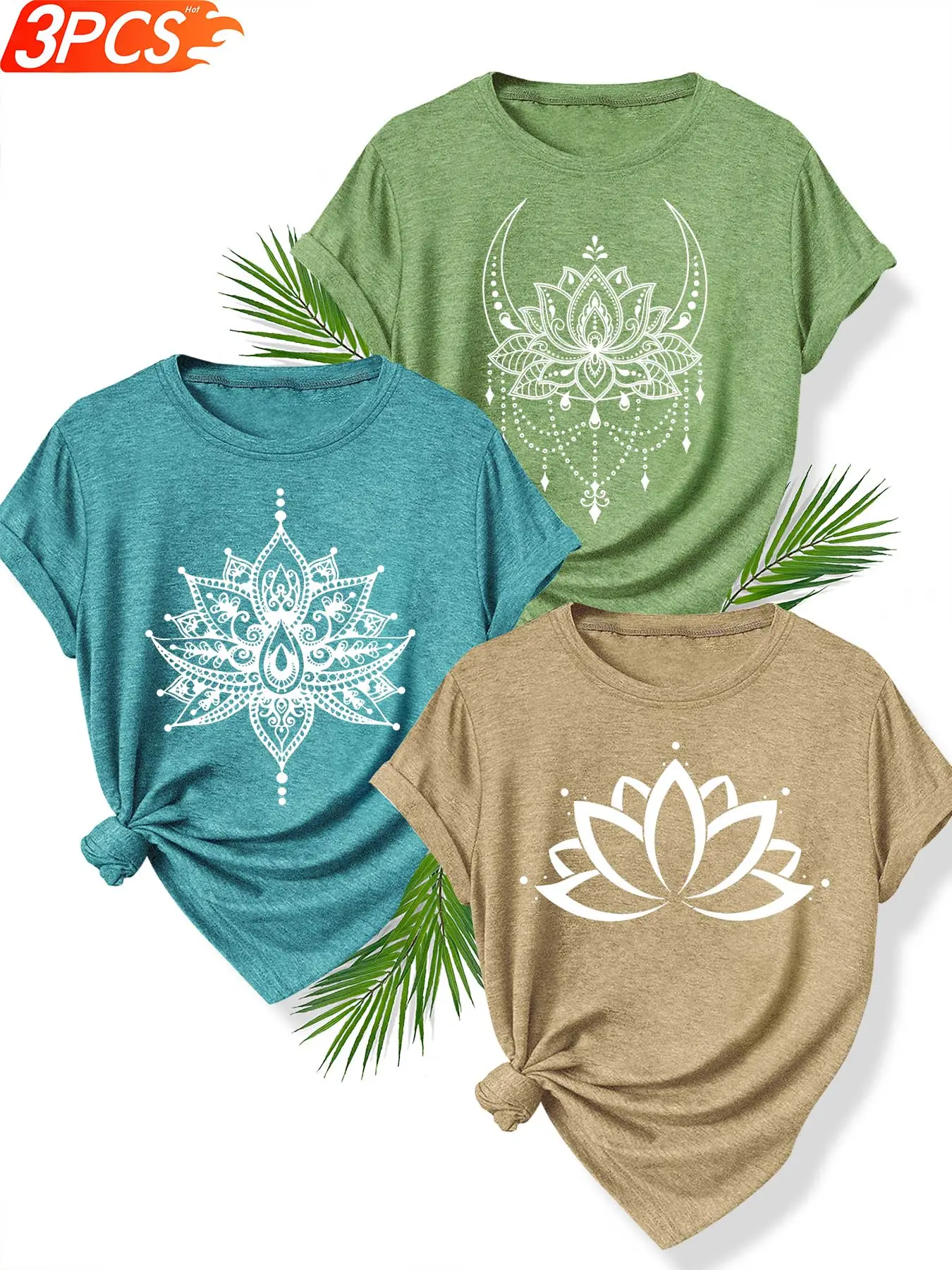 3Pcs Women Crew Neck T-Shirt, Detailed Multi-style Mandala Lotus Ethnic Trendy Print, Multi-color Washable Spring Summer Top, Soft Skin-friendly Fabric Daily Versatile Fashion Design