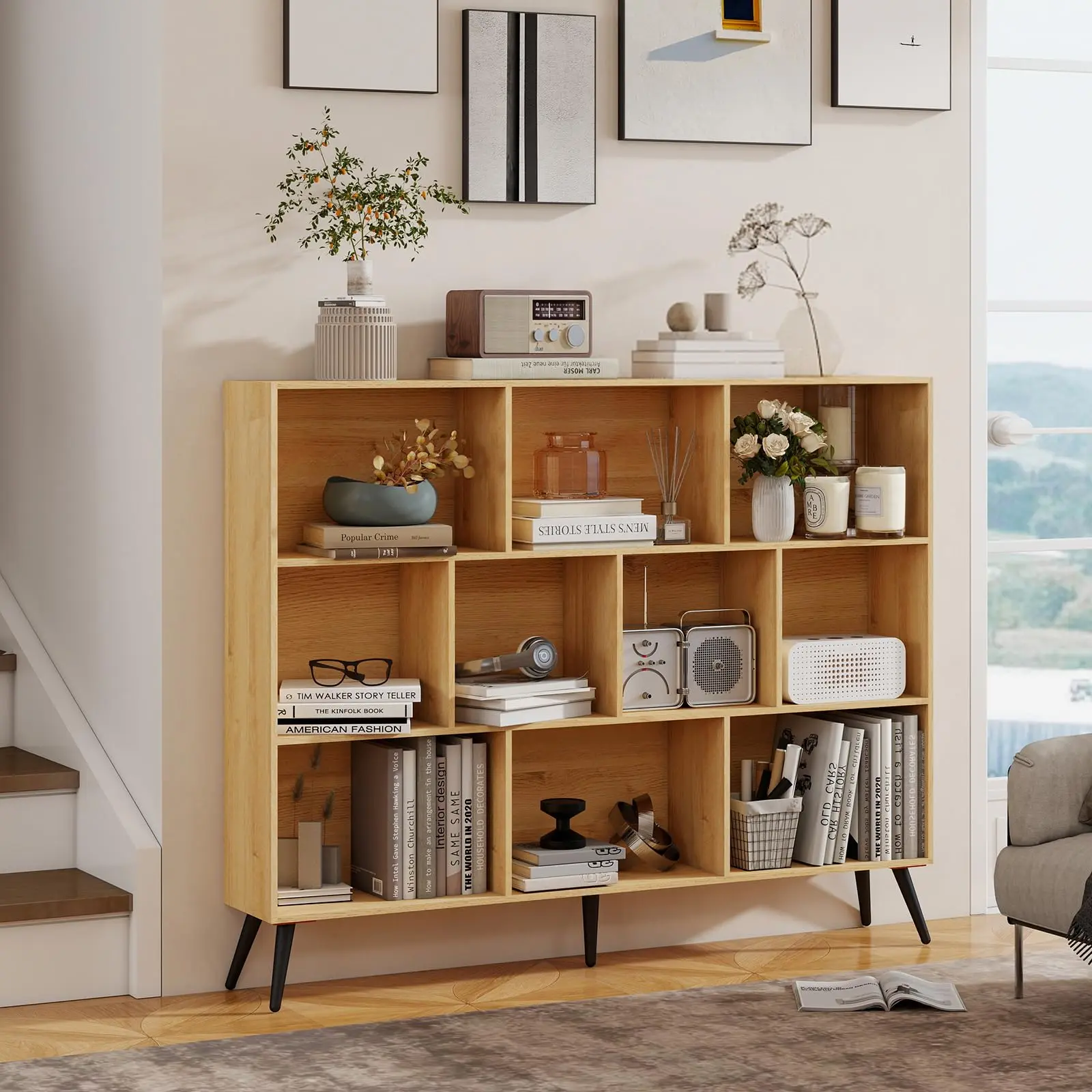 Natural Brown Cube-Shape Record Player Stand & Bookshelf - 10-Cube 3-Tier Freestanding Open Storage Cabinet with Sturdy Iron Legs, Anti-Tips, Quick-Setup Wooden Panels, Vinyl Organizer for Living Room, Modern Home Office Furniture