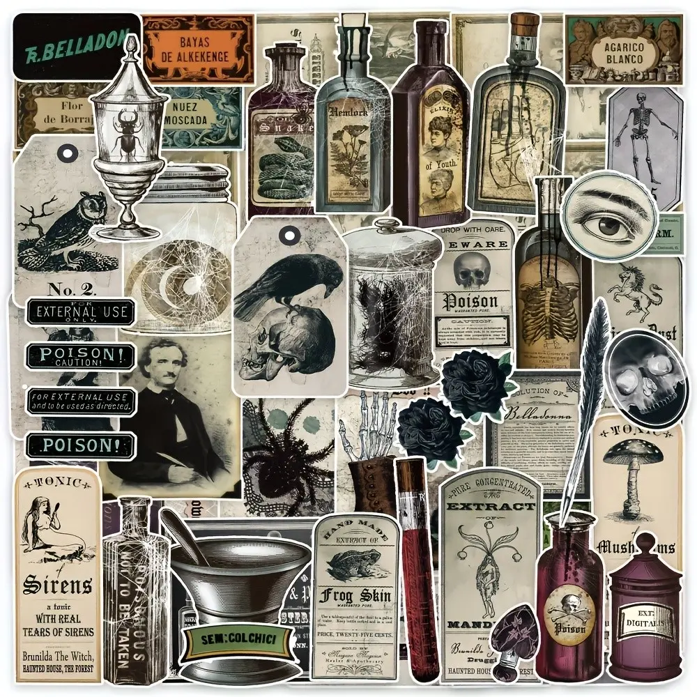 50 Dark Aesthetic Bottle Label Stickers, Perfect for Bullet Journals, Vintage Weird Style Water Bottles, Phones, Kindles, Planners, Cards