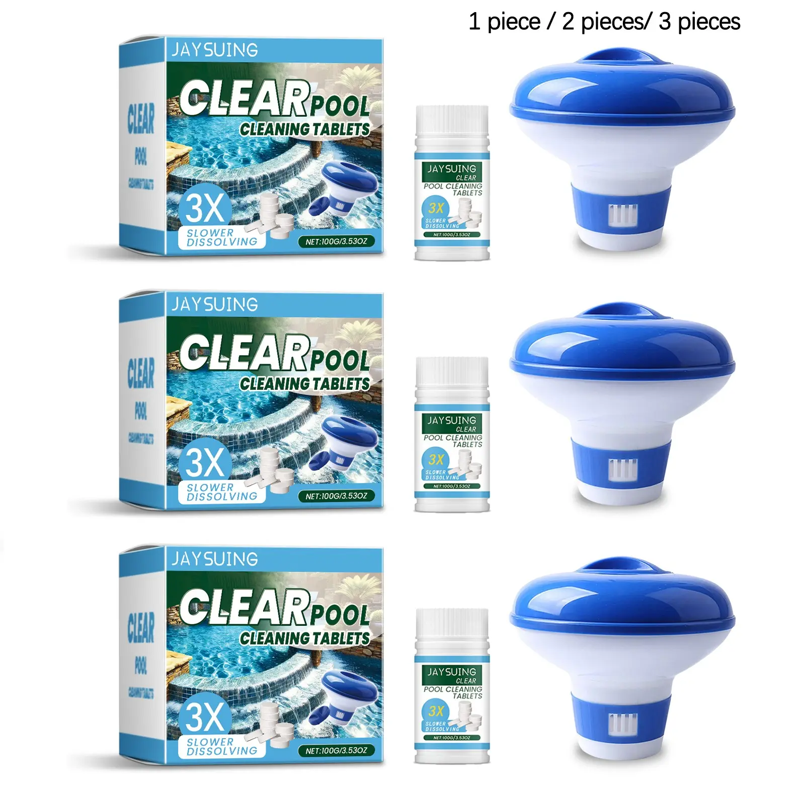 Swimming Pool Tablets (100g + Dispenser), Quick Dissolving Chlorine Tablets, Improve Water Quality, Pool Cleaning, 100g*3 + Dispenser*3