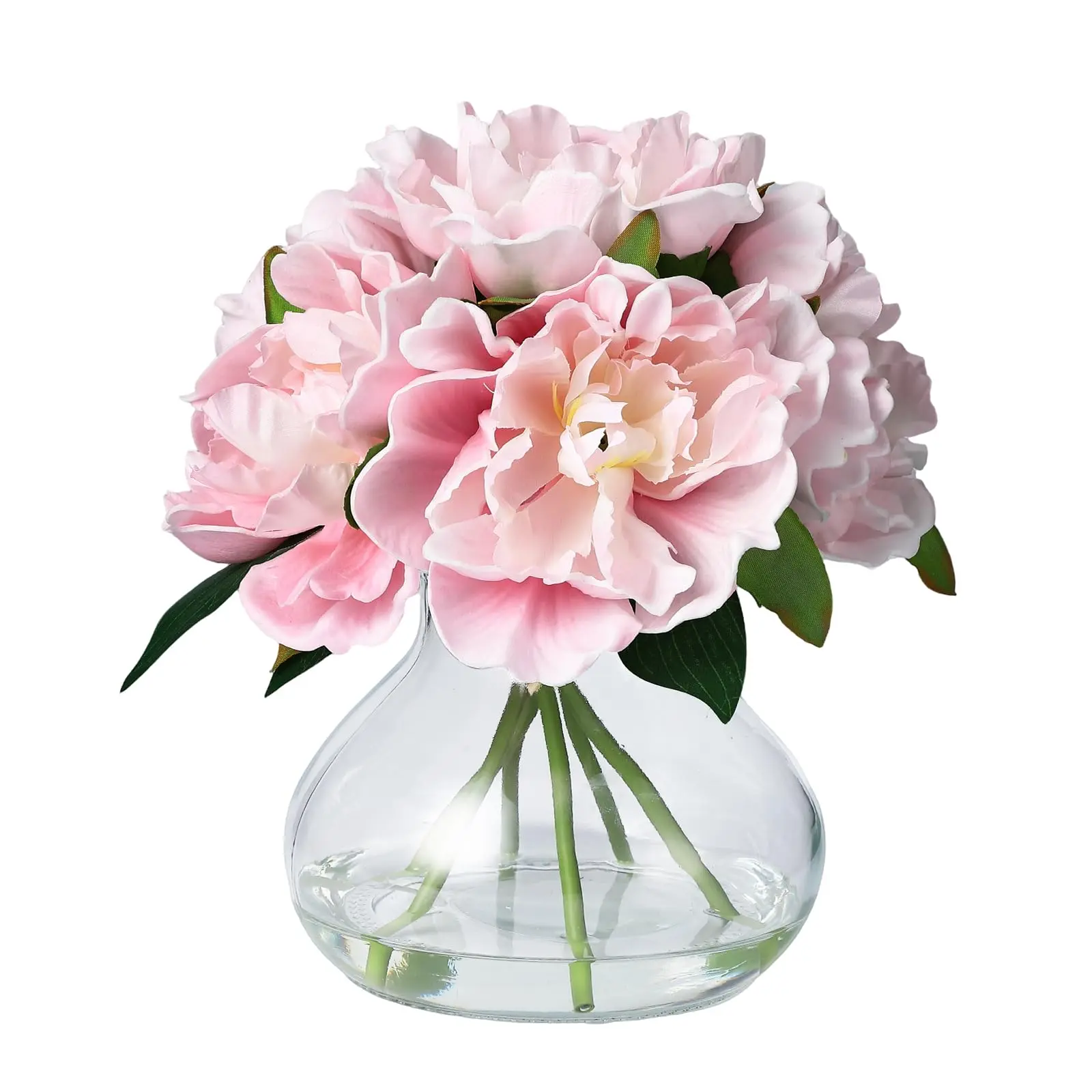 Garvee Peonies Artificial Flowers with Glass Vase Featuring Faux Water and Decorative Stones - Realistic Floral Arrangement for Wedding Centerpieces, Home Table Decor, and Bathroom Accent