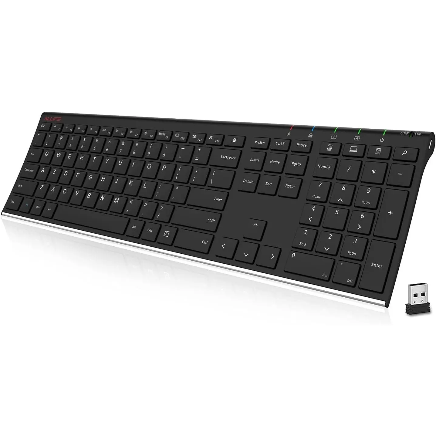 2.4G  Keyboard Stainless Steel Ultra Slim Full Size Keyboard with Numeric Keypad for /Desktop/PC/Laptop/Surface/ TV and Windows 10/8/ 7  in Rechargeable
