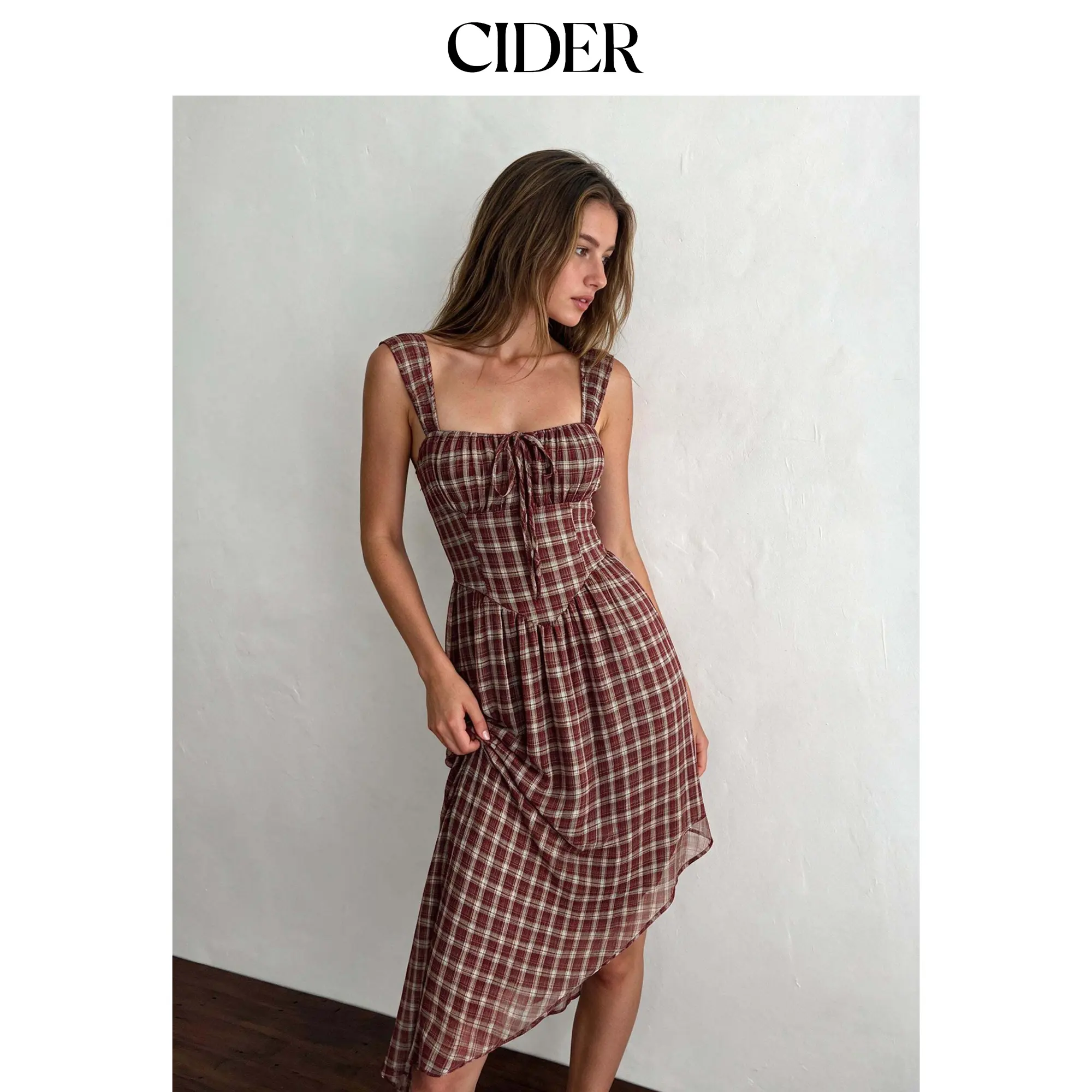 Cider Chiffon Plaid Square Neck Tie Front Asymmetrical A-line Midi Dress
