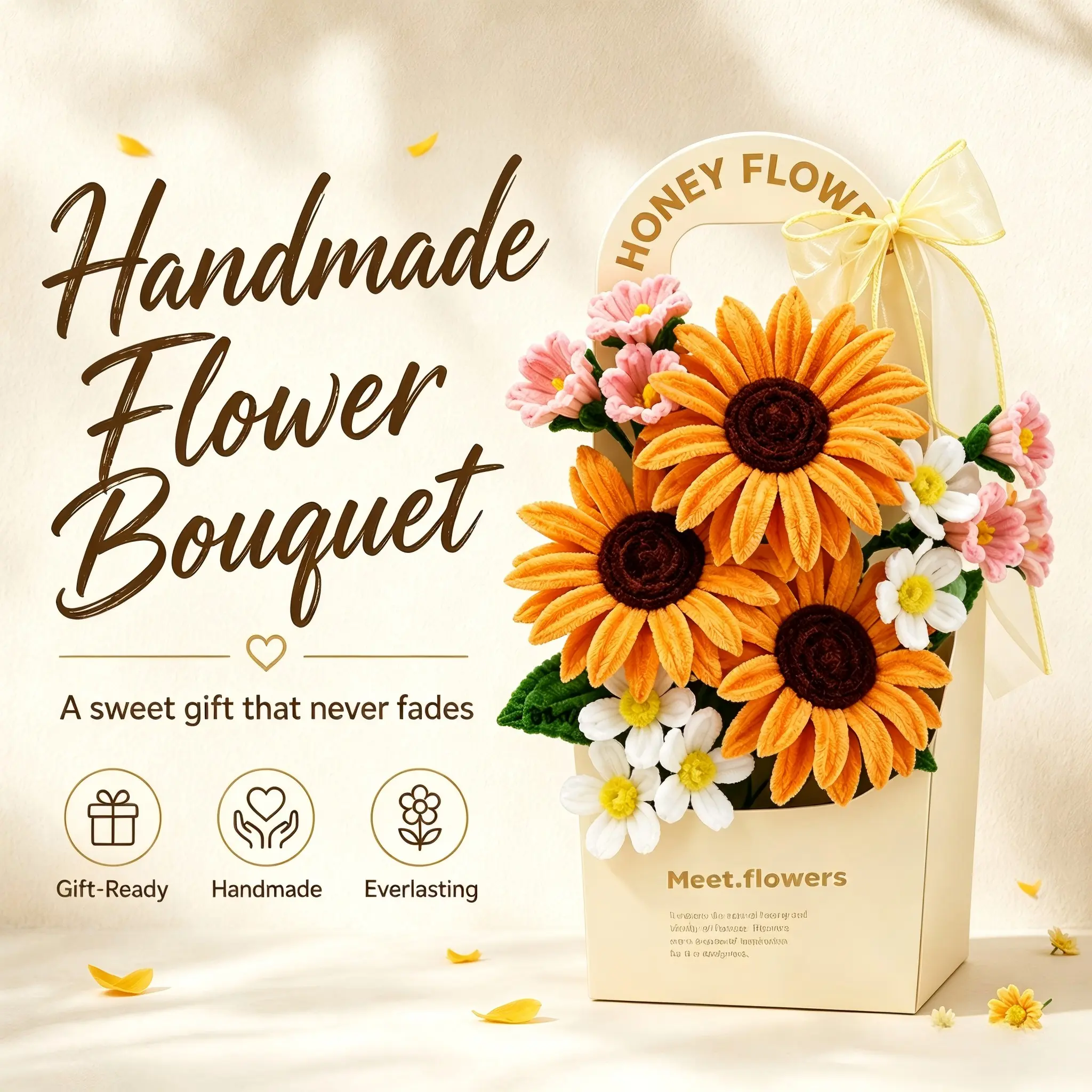 Eternal Handmade Flower Box, Artificial Flower Decor, Perfect Gift for Mom, Grandma, Teacher, Nurse, Sister, Birthday and Graduation, Pre-Made with Wire Bouquet