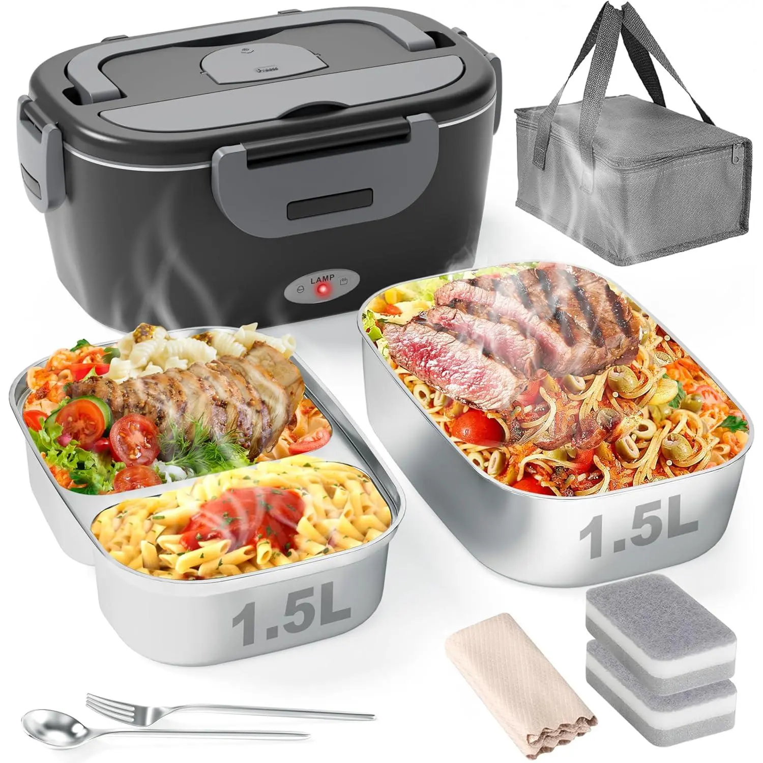Electric Lunch Box - 80W Power Quick Heat Stainless Steel Lunch Warmer with 1.5L SS Containers, Modern Portable Kitchenware for Office Use, Adults