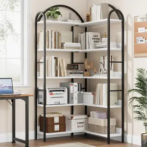 Arched L-Shaped 5-Tier Corner Bookshelf, Industrial Freestanding Display Rack with Sturdy Metal Frame for Living Room, Bedroom & Office