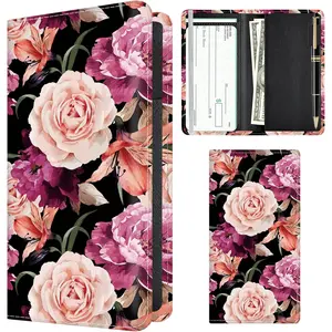 Checkbook Cover for Personal Checkbook, Cute Pu Leather check book for Women & Men, Slim Checkbook Holder with Pen Holder and Built-in Clear Plastic Divider Pink Rose on Black