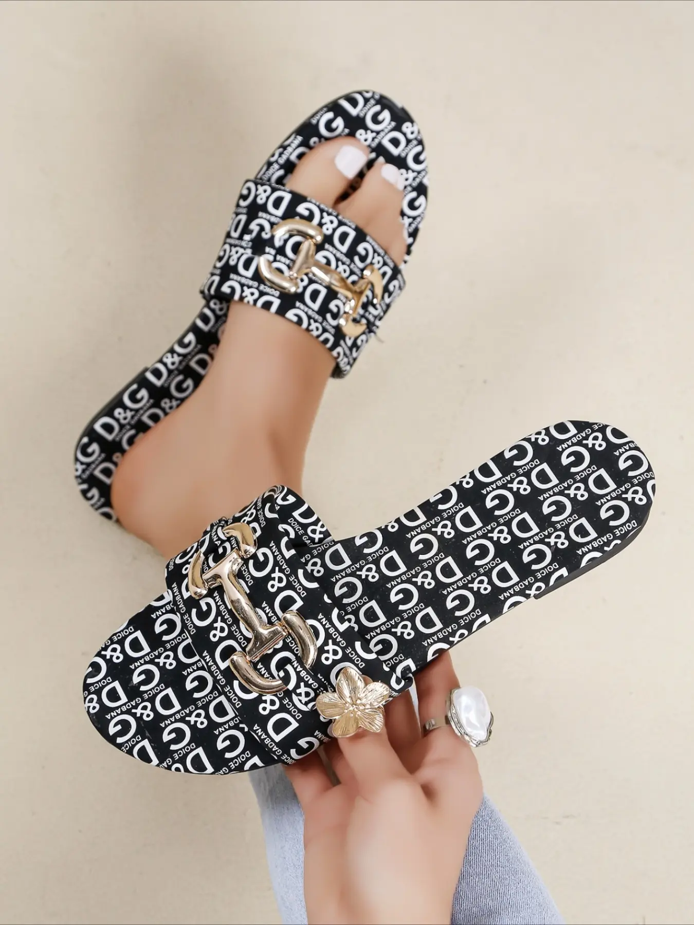 Fabric Beach Slide Sandals with allover letter print, black non-slip flat sole, versatile for spring-summer daily and vacation, Beach Slides Footwear, Footwear, Flat Rubber Sandals