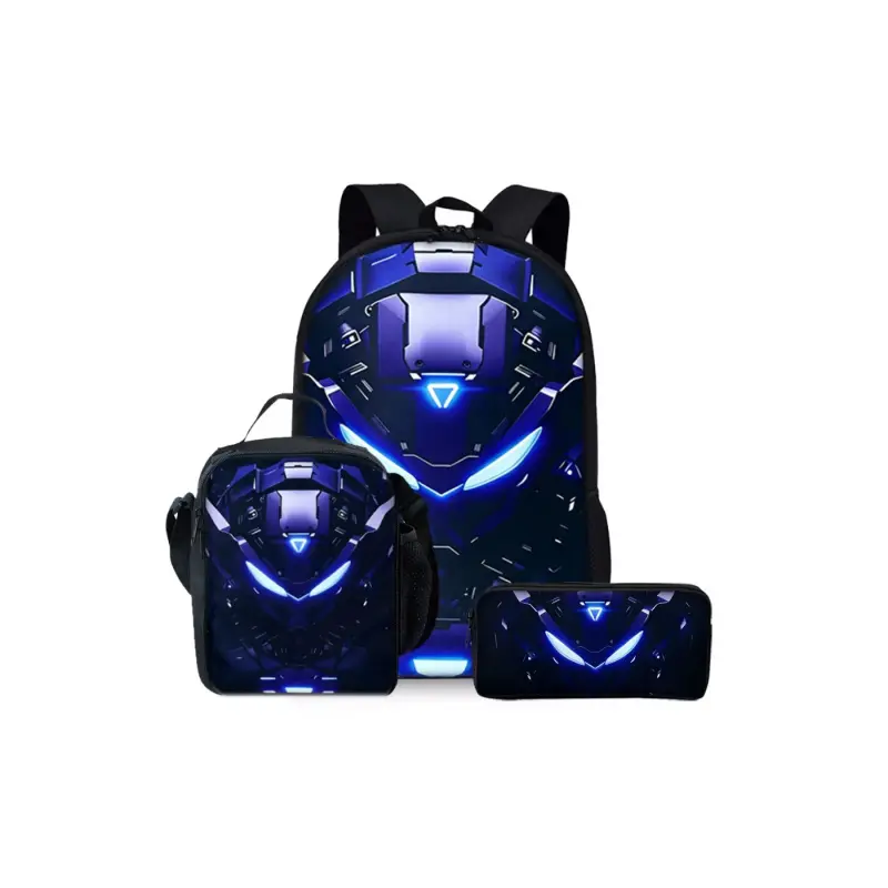 3-Piece Polyester Fibre Robot Mechanical Geometric Print Backpack Set - Gym, Casual, Everyday Use, All-Season, Includes Lunch Bag, Pencil Case, Shoulder Bag, Organizer, Synthetic, Built-In Organizer, Mechanical Design, Three-Pieces