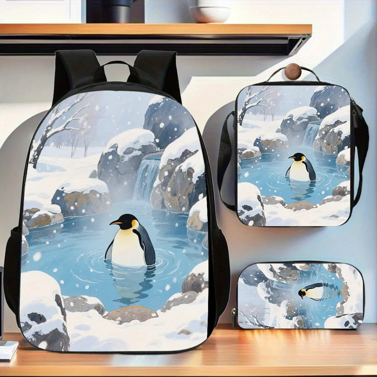 This Penguin Set Includes Three Lightweight Backpacks Suitable for Non-Food Contact, Featuring a Spacious Book Bag, a Crossbody Bag, And a Pen Case, All with an Adjustable Strap for Work And Travel