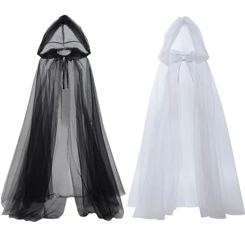 Women's Gothic Long Hooded Tulle Cape - Sheer Mesh Witch Cloak with Veil, Halloween Ghost Cosplay Costume for Unisex Use