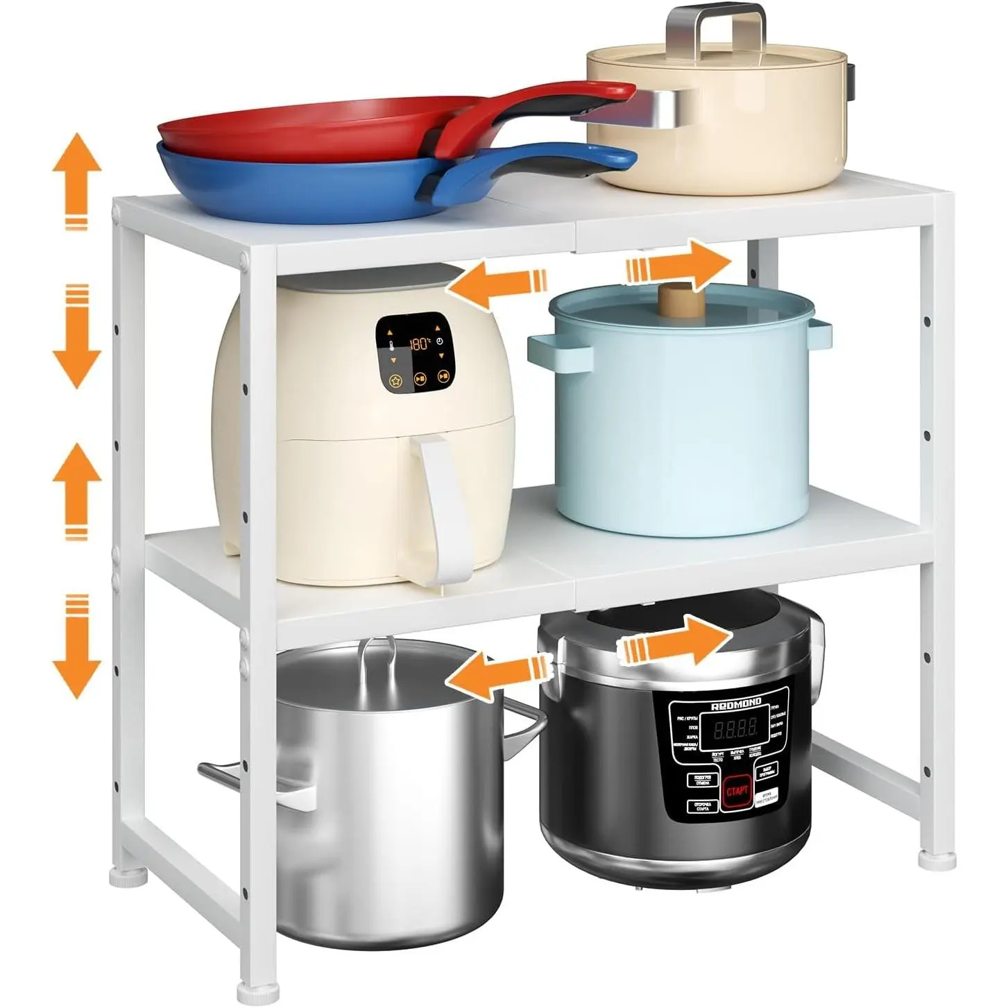 2-Tier Expandable Kitchen Storage Shelf,150LBS Heavy Duty Metal Shelving Units For Small Appliance,Adjustable Pots and Pans Organizer Rack Shelves For Kitchen Counter Under Cabinet Garage Pantry,White