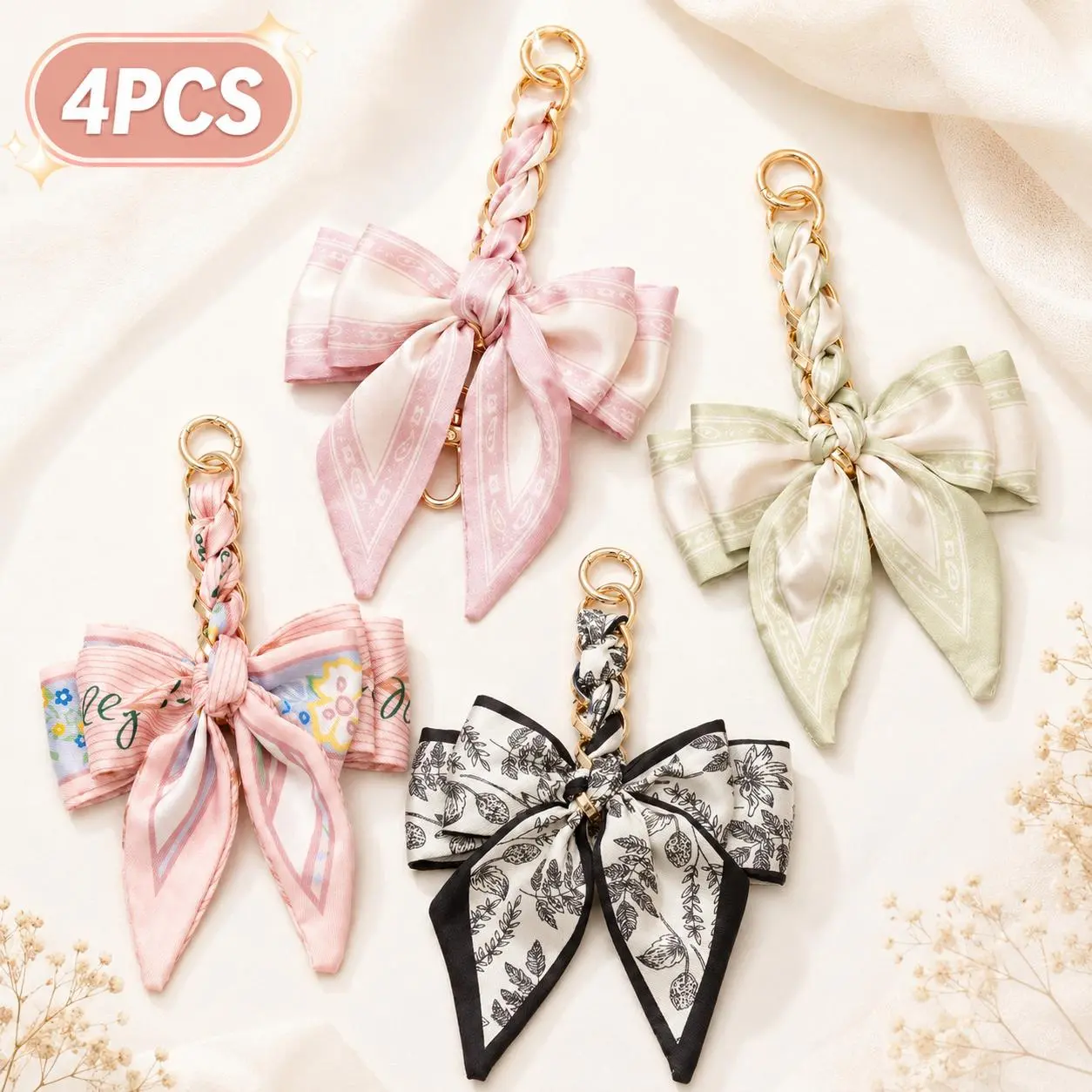 Women's 4PCS Elegant Floral Silk Bow Bag Charm Set - Girly Purse Accessories with Gold Chain Accent, Silky Satin Handbag Clips, Snap-Closure Luggage Decor Keychains, Snap Clips, Vintage Chic, Daily Look, Metallic, Crossbody Bags, Birthdays, Bag Accessorie