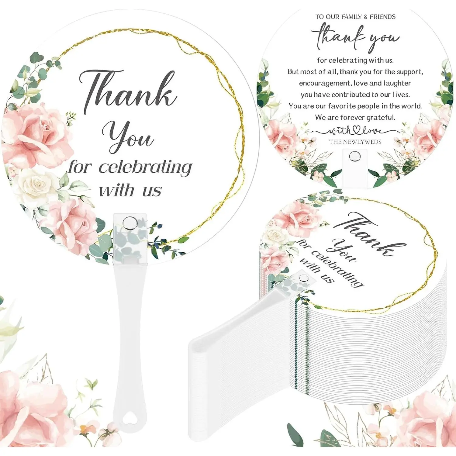 100 Pcs Wedding Hand Fans for Guests Bulk, Handheld Leaf Plastic Ceremony Bridal Shower Party Decor, Thank You for Celebrating with Us Wedding Favor Fans, Handle FansGift