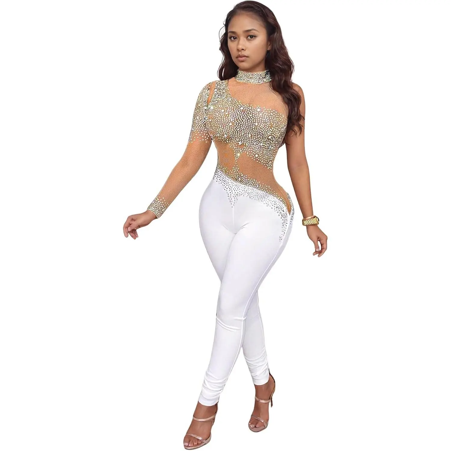 Sexy Jumpsuit for Women Sparkly Rhinestone Mesh See Through Hot Drilling Process Bodycon Party Club Night Romper