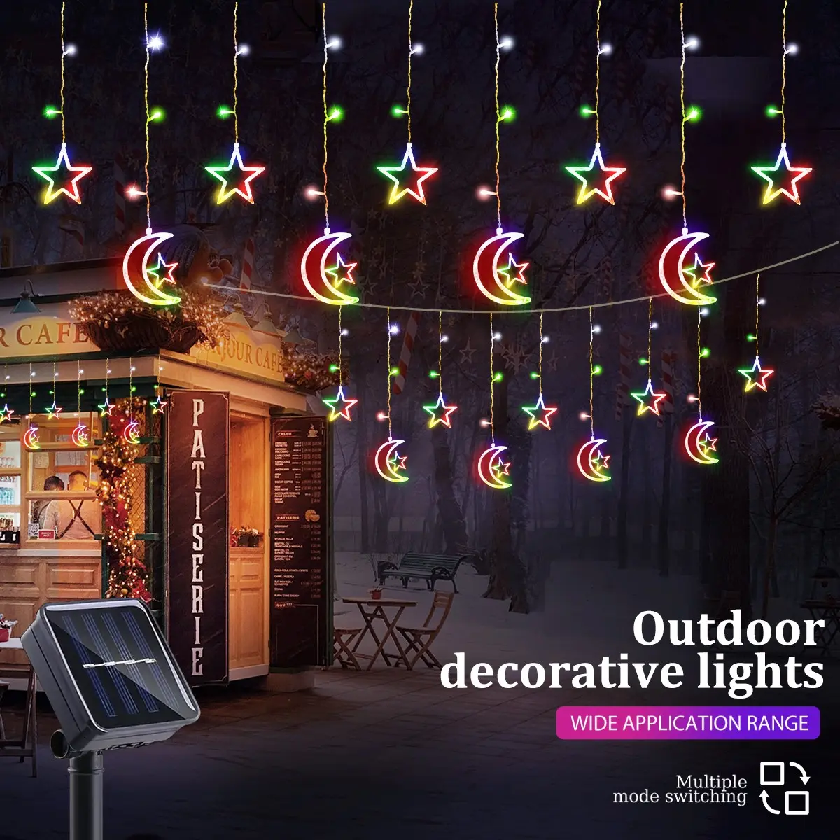 Solar Moon Star Lamp, 8 Modes, 120 Leds, Colorful Party Light, Festive Decor for Ramadan, Christmas, Halloween, Birthday, Wedding, Bedroom, Living Room, Porch, Starlights