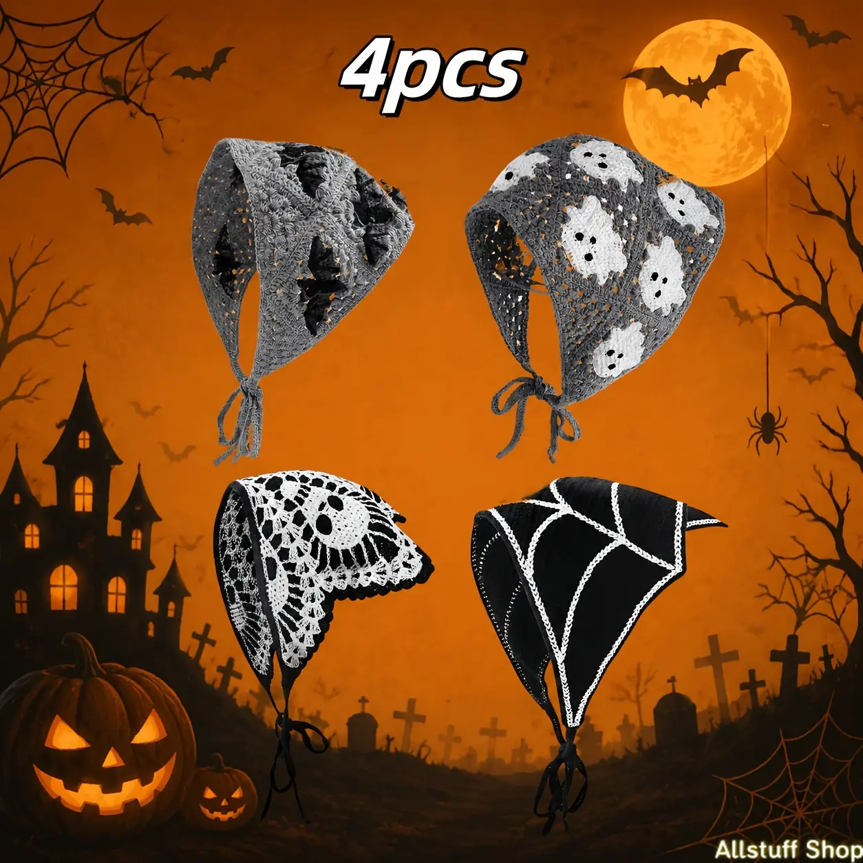 4-Pack Bohemian Crochet Headbands with Cute Ghost, Bat, Web Motifs - Halloween Headdresses for Sports & Outdoor Activities, Featuring Cute Motifs tiktokshopbacktoschool