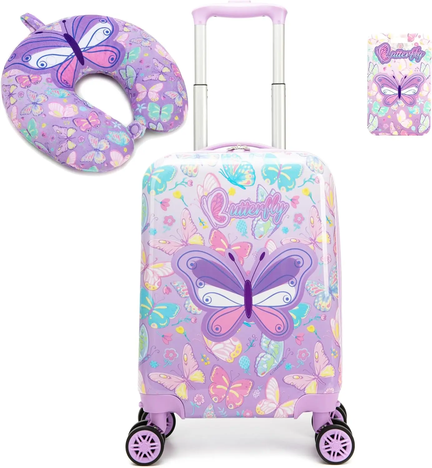 Girls Cute Pastel Purple Butterfly Hardshell Luggage 3 Pcs Set | Lavender Garden Rolling Carryon Suitcase with Soft Neck Pillow & Suitcase Tag | Kids Travel Combo 2026