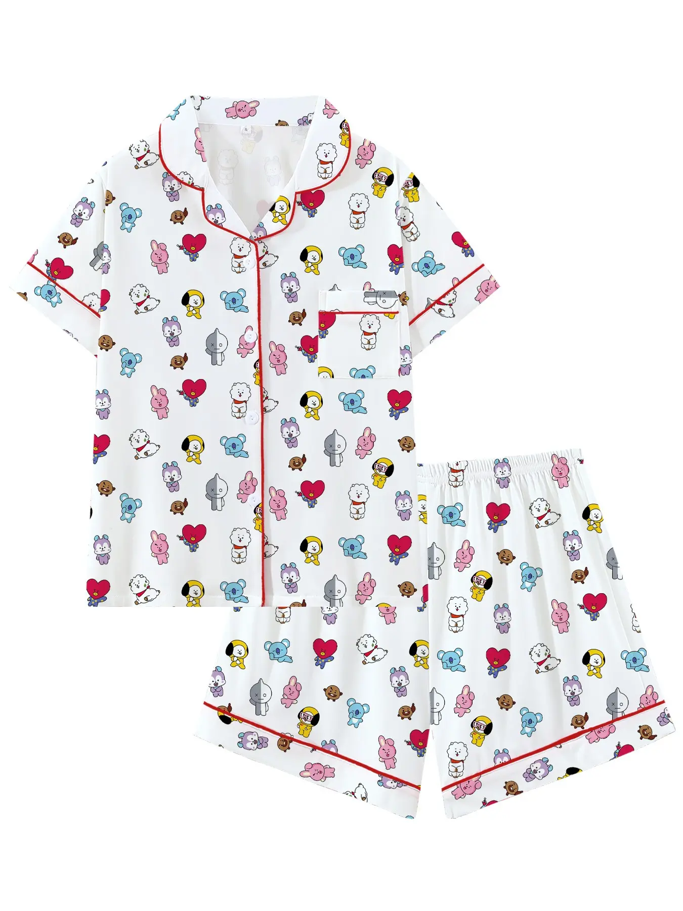 Women's Pajama Set, Blue Bear Print Short Sleeve Shorts, 2-Piece Lounge Wear Homewear, Casual Slim-Fit Sleepwear for Daily & Holiday Use