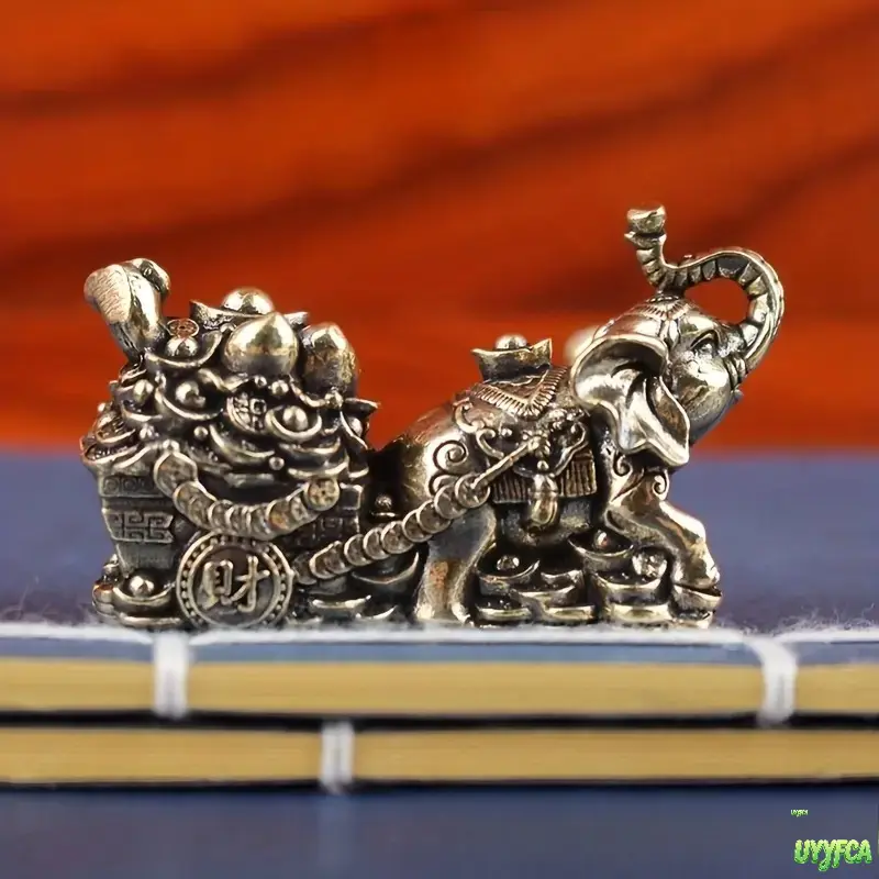Vintage Brass Wealth Elephant Figurine - Traditional Miniature Metal Treasure Cart-Pulling Ornament, Engraved Coins Ingot Ruyi Feng Shui Collectible, Compact Tabletop Wealth Symbol Gift for Living Room Office, Compact Fit