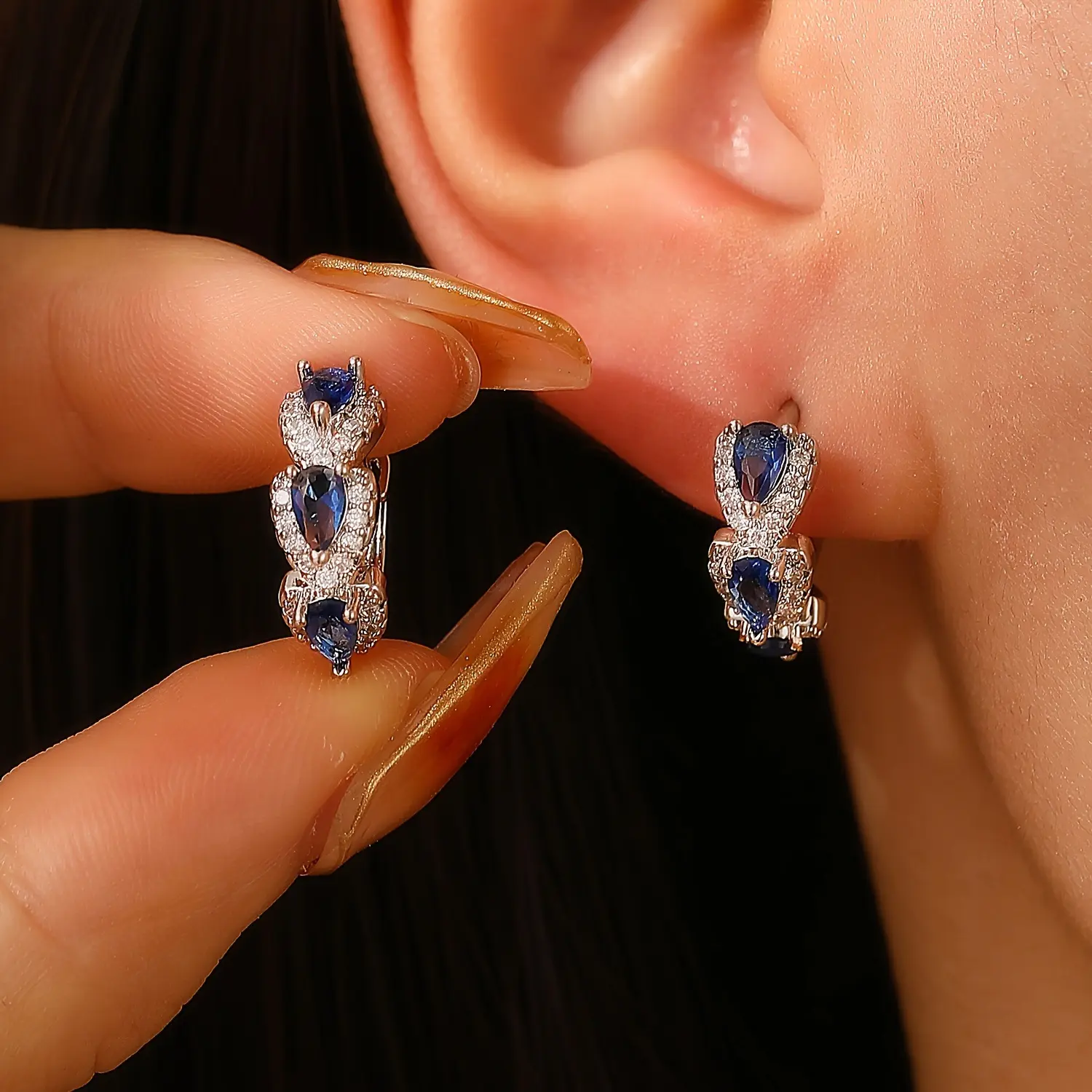 Women's Vintage Blue Zircon Hoop Earrings - Nylon Base, Teardrop Shape Huggie Clip, European Sapphire Color Dangle Jewelry, Elegant Light Luxury Accessories for Dating Events, Dinner Parties