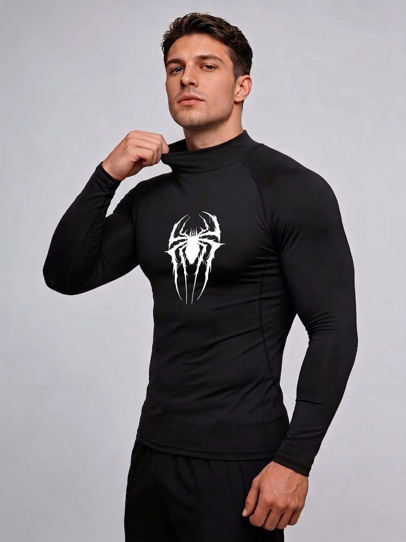 1 Pack Men's Long Sleeve Compression Shirt Mock Neck Athletic Top Black White Spider Graphic Quick Dry Activewear for Gym Workout Running Weightlifting Muscle Fit Performance Base Layer.