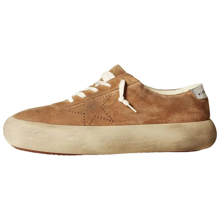 Men's Golden Goose Space-Star Lace-Up Low-Top Casual Rubber Trainer Footwear - Brown Distressed Finish Trending Shoes, House White Official Maison Mihara Verifiable Pair with Global Authentication Credentials