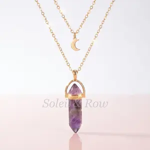 Women's Boho Bohemian Chic Crystal Moon Hexagonal Pendant Necklace, Celestial Healing Stone Jewelry, Dainty Spiritual Aesthetic Birthday Gift, Bohemian Chic Pendant