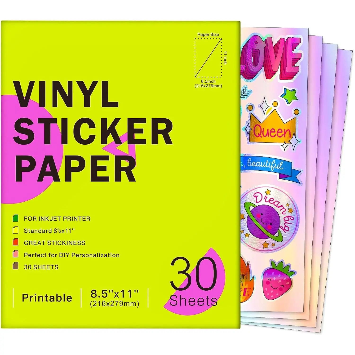Holographic Printable Vinyl Sticker Paper for Inkjet, 30 Sheets | Rainbow Effect, Make Designs Shine, 8.5x11"  Vinyl, Quick Drying, Works with Cricut, Create Eye-Catching Stickers