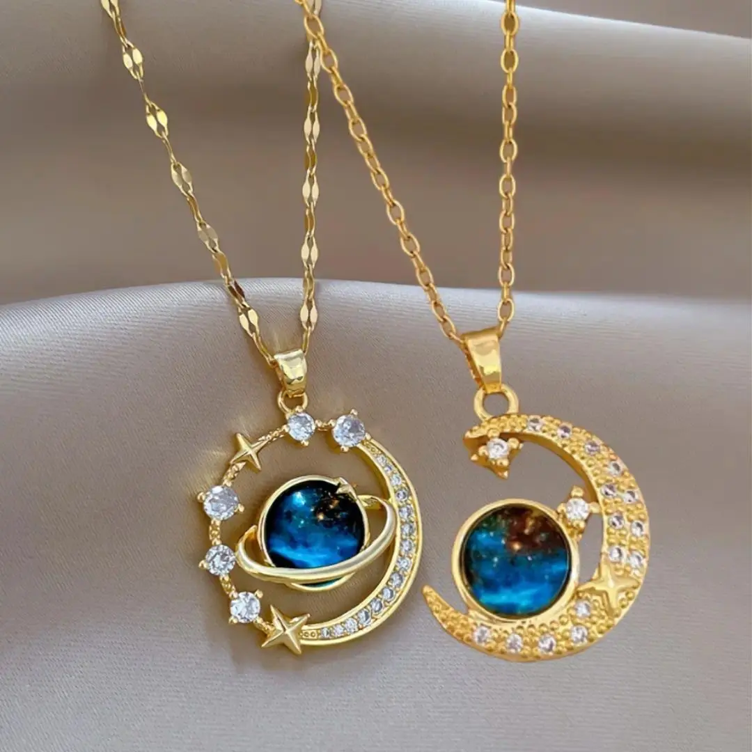 Couple Necklaces Set - Gold-Plated Fashion Pendants with Blue Crystal, Sun and Moon Round Pendants, Unisex Jewelry for Daily-Party Wear, Elegant