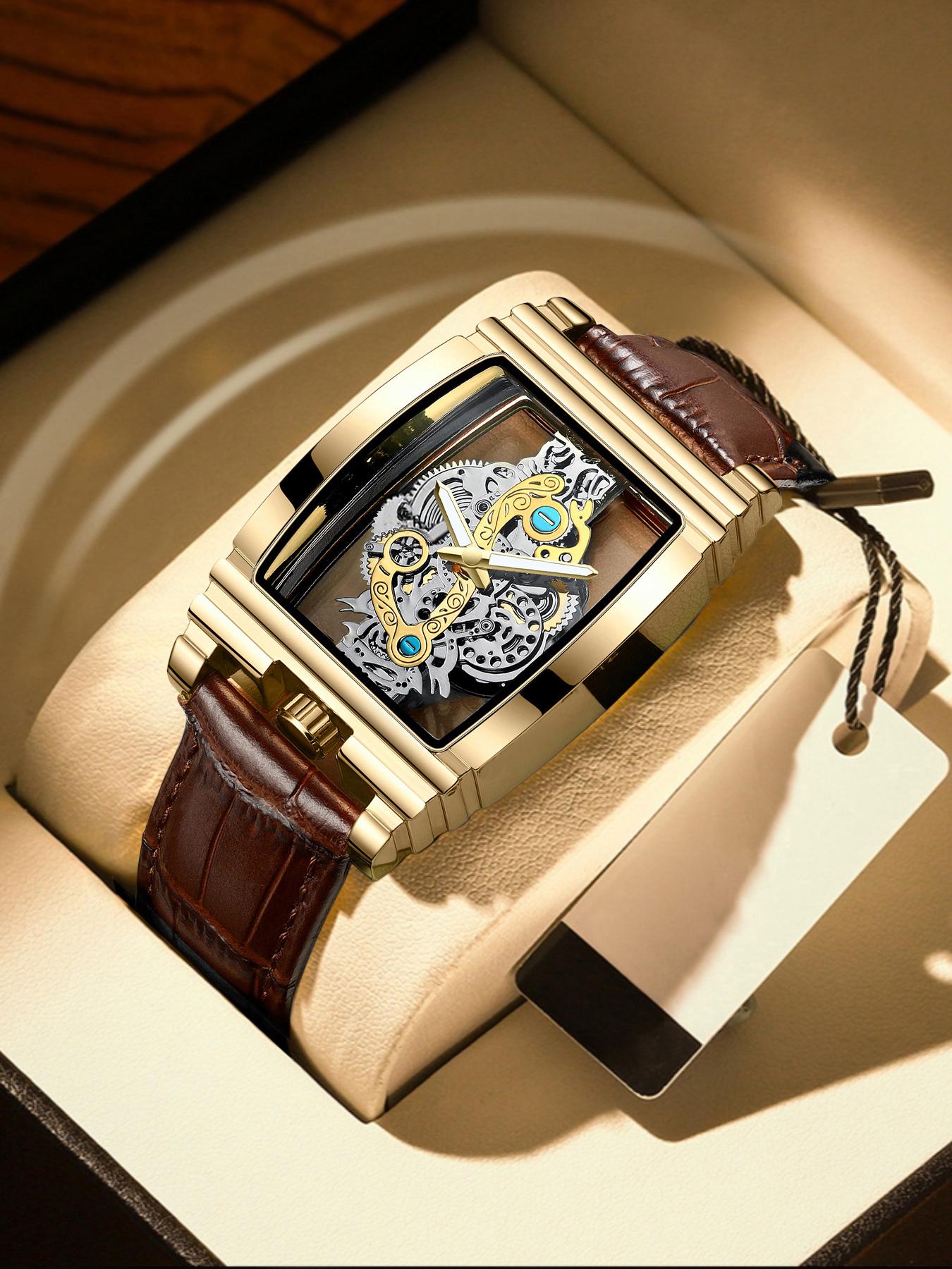 Men's Punk Fashion Barrel Shaped, Mechanical Style Skeleton Watches for Party, Daily Decor, Trendy All-match & Exquisite Watch for Birthday Gift with Box