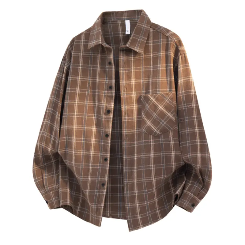 Men's Retro Checked Long-Sleeve Lapel Tops - Menswear, Soft Brushed Fabric, Diagonal Plaid Chest Patch Pocket, Dropped Shoulder, Casual Style for Daily Commuting
