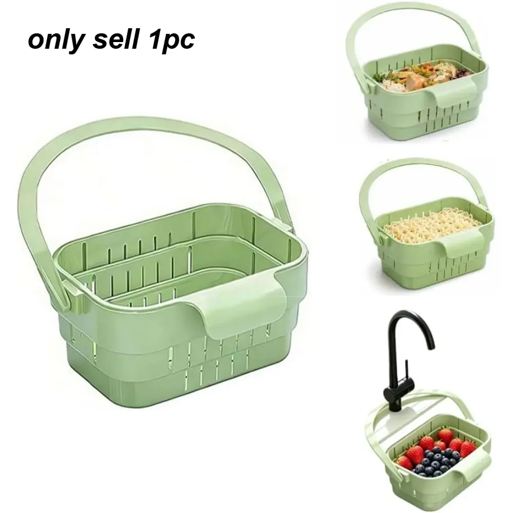 Foldable Hanging Sink Drain Basket Stretchable Kitchen Colander with Flip Cover Space Saving Food Strainer, Multi-functional Faucet Storage Rack Draining for Fruits Vegetables Utensils, Plastic Colander