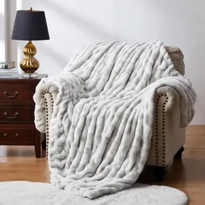 Ruched Faux Fur Throw Blanket Soft Cozy Luxurious Couch Bed Sofa Chair Home Decor Warm Furry Fall Winter Plush Fur Bubble Blanket 50" x 60", Grey