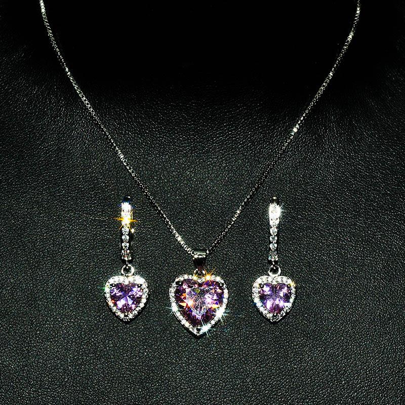 Heart-shaped pink diamond pendant, luxurious full-diamond pink crystal set, open ring and earrings