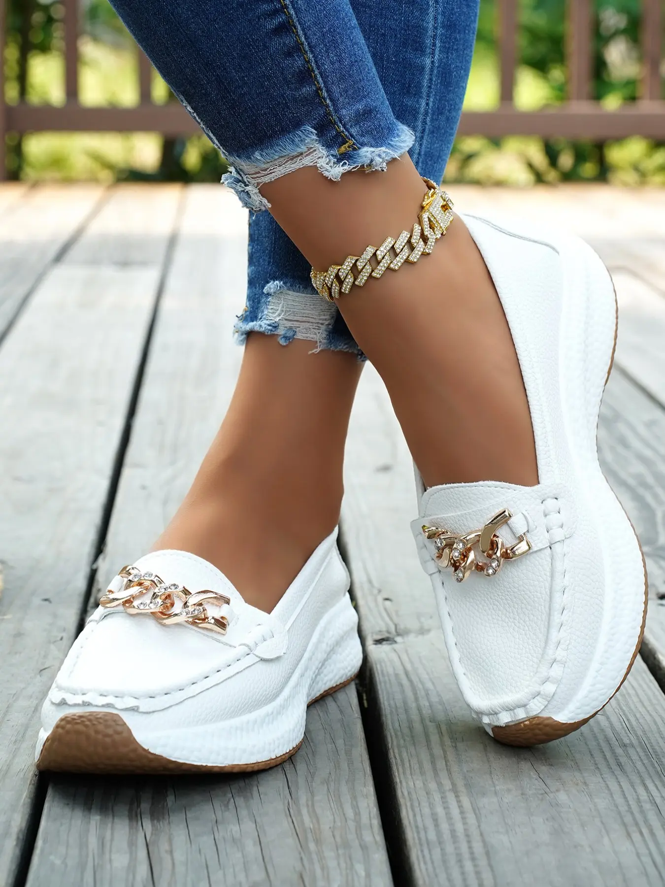 Women's Casual Loafers with Metal Chain Decoration, Comfortable Fashion Wide Fit Thick Sole Wedge Flatform Shoes, PU Leather Plain Style, Summer Footwear Shoe