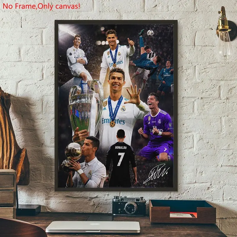 1 piece/set Unframed canvas painting print poster, Classic Football player art, Cristiano Ronaldo Champions League Montage, gift for football lovers, ideal for bedroom, living room, wall decor
