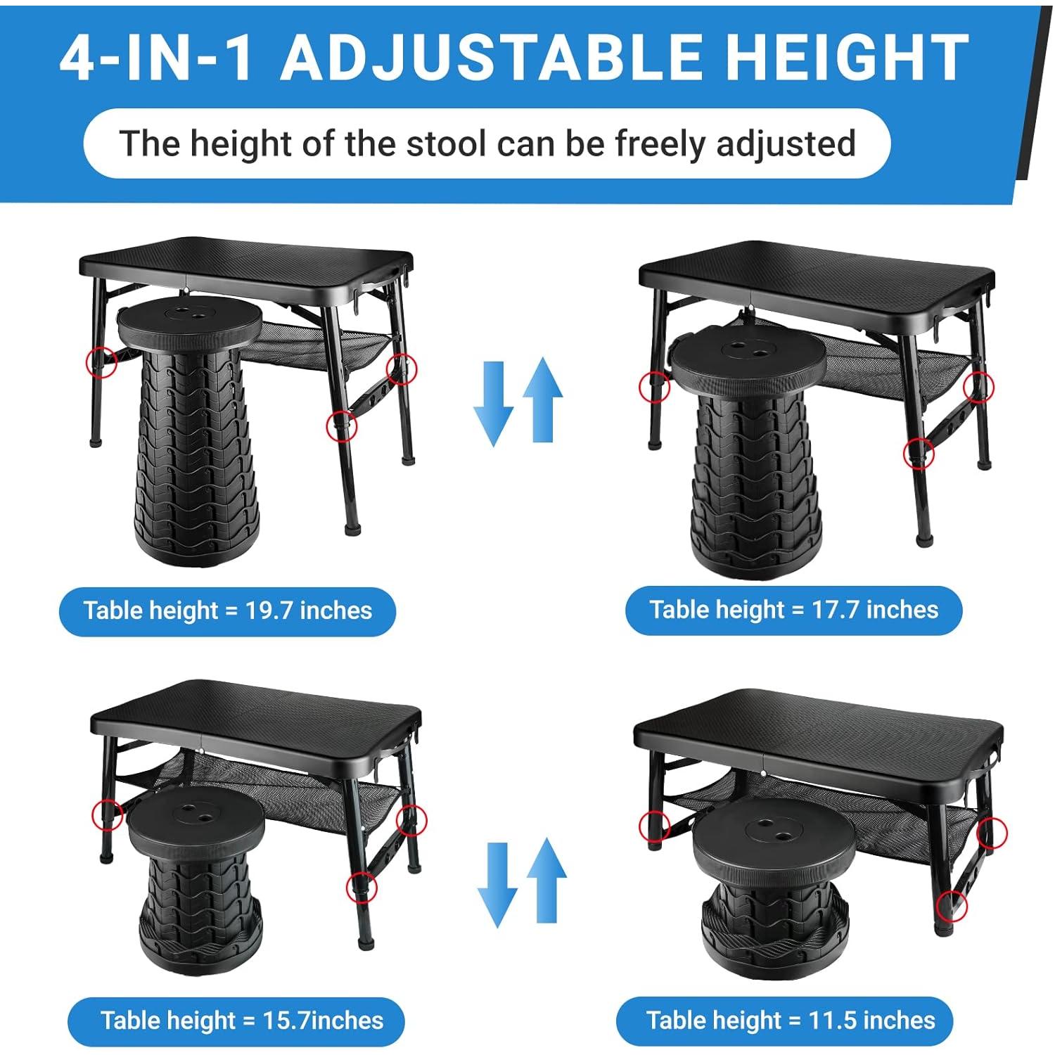 Portable Folding Table and Stool Set, Lightweight Foldable Table & Collapsible Stool for Camping Picnic Beach Fishing, Sturdy Small Outdoor Table with Mesh Layer Storage