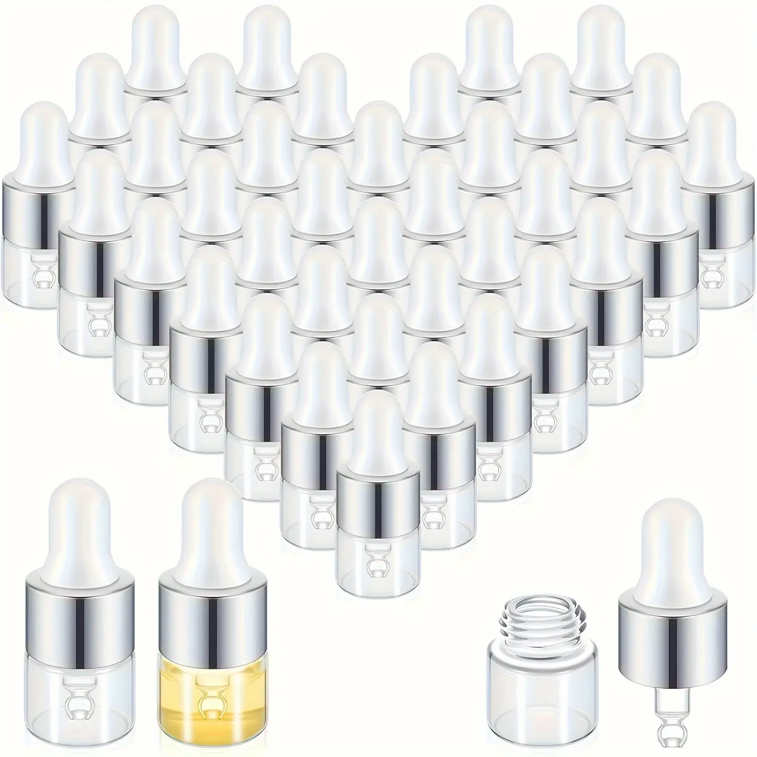50pcs Silvery mini glass drop bottle Mini dropper Bottle Sample Bottle Small Sample vial with lid for travel Essential oil cosmetics Liquid sample perfume