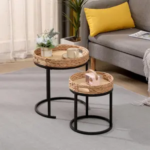 Set of 2 Nesting Side Tables for Living Room or Bedroom,Nesting Tables, Classic Wood & Metal End Tables, Side Table with Metal Frame for Living Room/Bedroom/Balcony/Office/Apartment, Large 40x46 cm, Small 30x36 cm, Yellow-Black