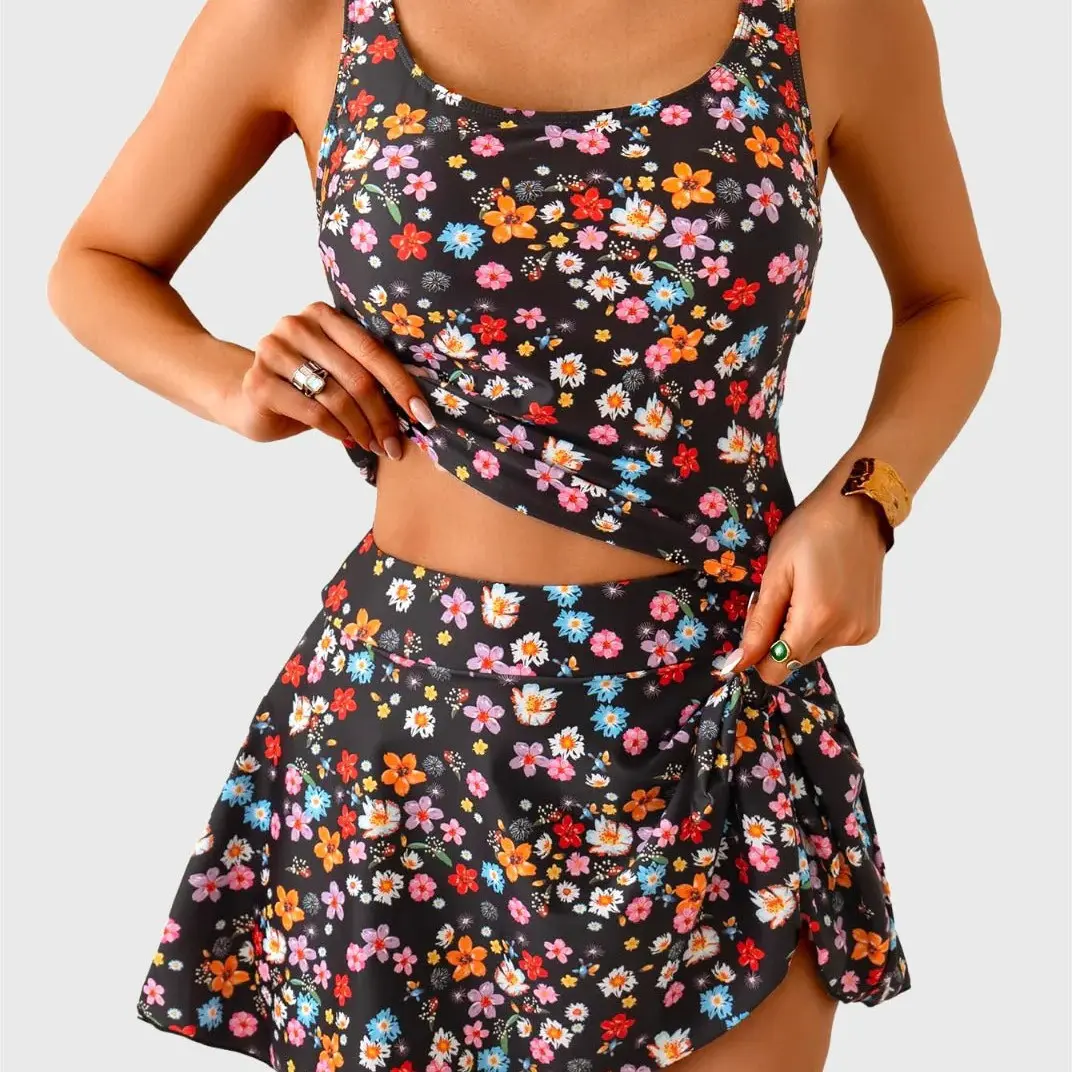 Women's 2-Piece Modest Floral Print Tankini Swimsuits Set, Cute Mesh Top with Skirted Boy Shorts, Quick-Dry Sporty Stretchy Tummy Control Backless Sculpt-Touch Bottom Swimsuits for Women Beach Vacation ,brazilian,halter triangle,halter neck swimwear