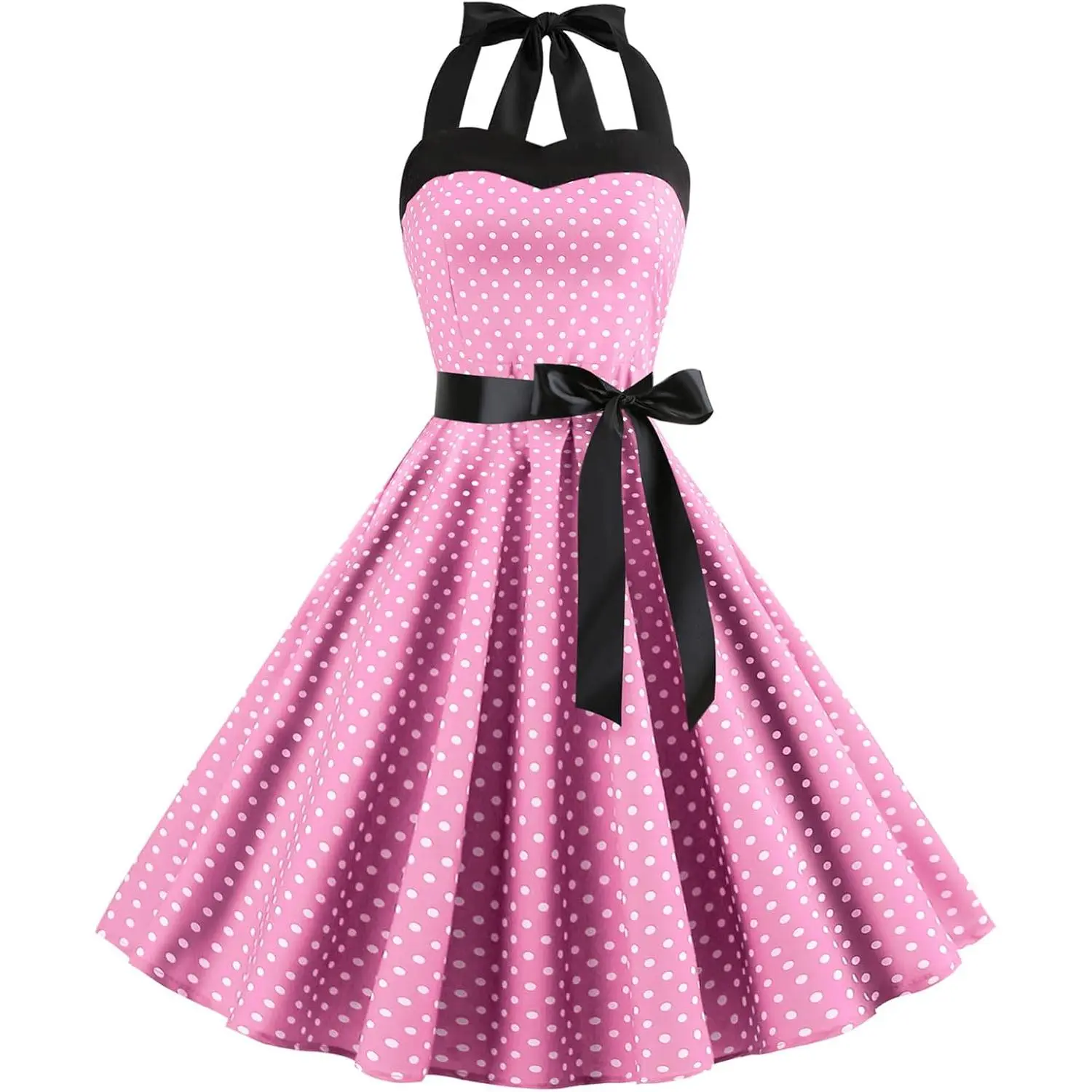 Women's 1950s Vintage Rockabilly Swing Dress - Hepburn Style Haltered Sleeveless High Waist Backless A-Line Casual Formal Dress