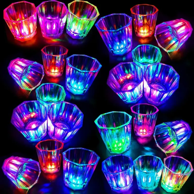 24-Pack Colorful Romantic LED Light-Up Glowing Party Cups Set, 2 Oz Plastic Flash Shot Glasses for Adult Party Favors Supplies, Disposable Tableware for Birthday, Bar Events, Glowing Party Cups 24 Pcs