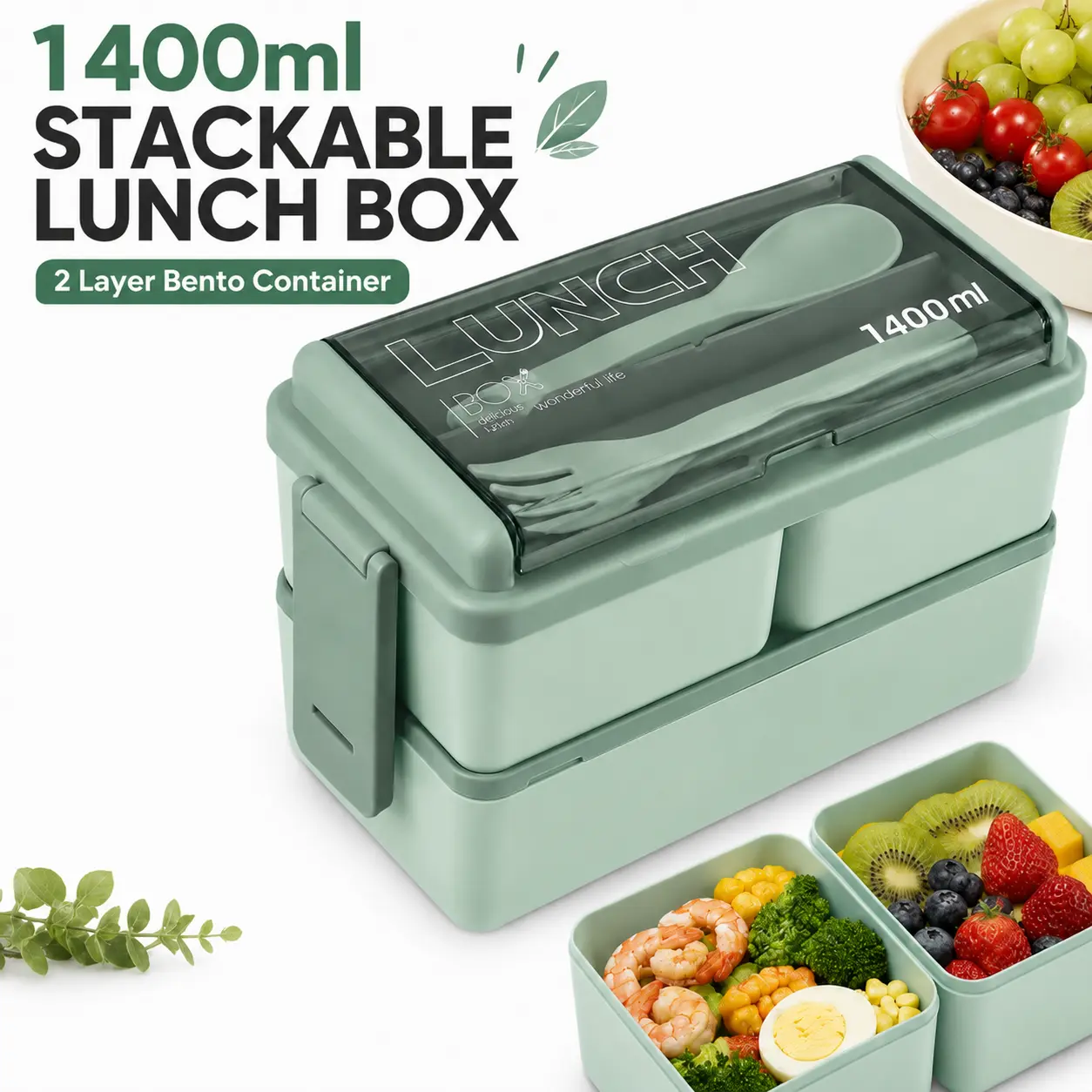 MIUVA Lunch Box  Adult 2 Layer Stackable Bento Box Lunch Container with Removable Compartments Leak Resistant Meal Prep Box for Work School Office Travel