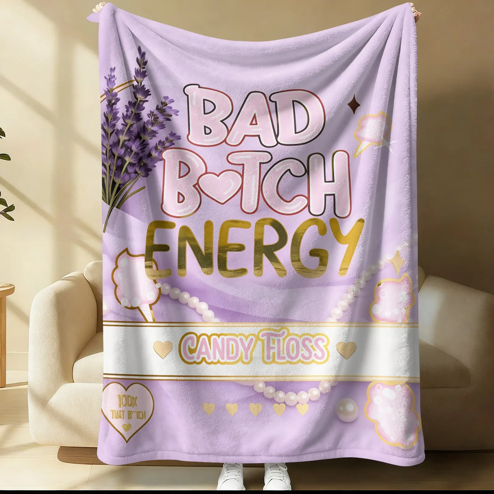Pastel Purple Girly Energy Flannel Blanket, Sweet Lavender Pearl Decor Throw Blanket, Ultra-Soft Cozy Warm Blanket, Trendy Aesthetic Gift Blanket, For Teens Women Couch Bed Sofa Dorm Bedroom Travel