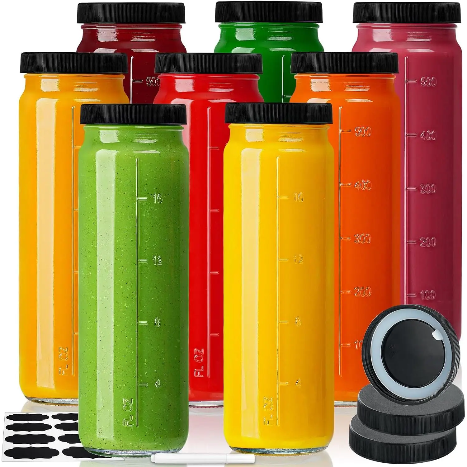20 oz Glass Juicing Bottles with Airtight , 8 Pack Glass Bottles | Leakproof, Wide Mouth, Measurement Marks, Travel Friendly, Juice & Smoothies, Vanilla Extract, 3 Extra
