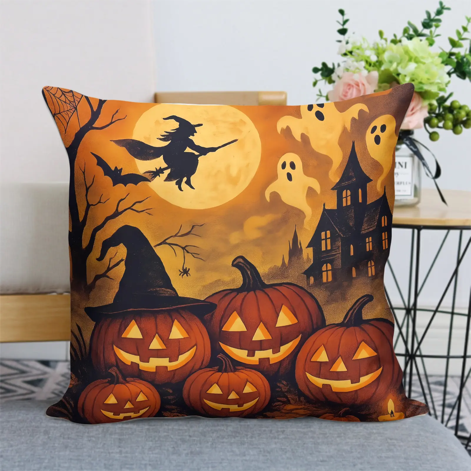 Witch Haunted House Halloween Pillow Cover, Linen Look Single Sided Print Cushion Cover Without Pillow Insert, Full Moon Ghost Bat Jack O Lantern Spider Web Fall Spooky Season Farmhouse Sofa Throw Pillow Case Halloween Decor Gift