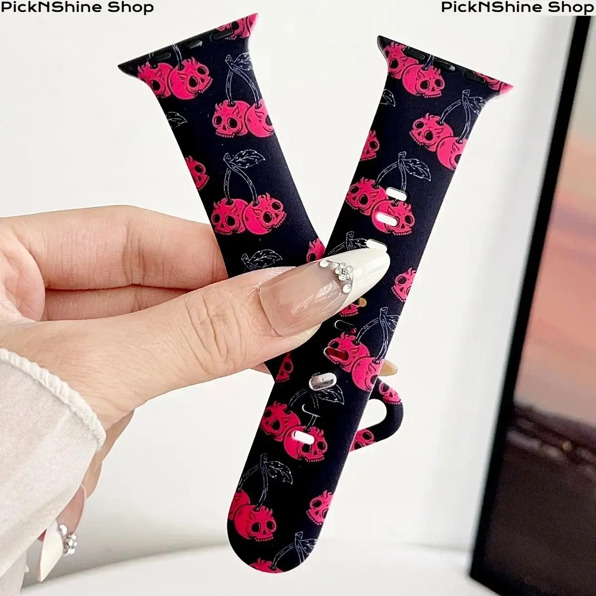 Women's Gothic Cherry Skull Silicone Smart Watch Band - Punk Pink Print, Soft Breathable Replacement Strap Compatible with Ultra, SE, Series 1-11, 38-49mm - Halloween Aesthetic Daily Wear Accessory Gift, Accessories