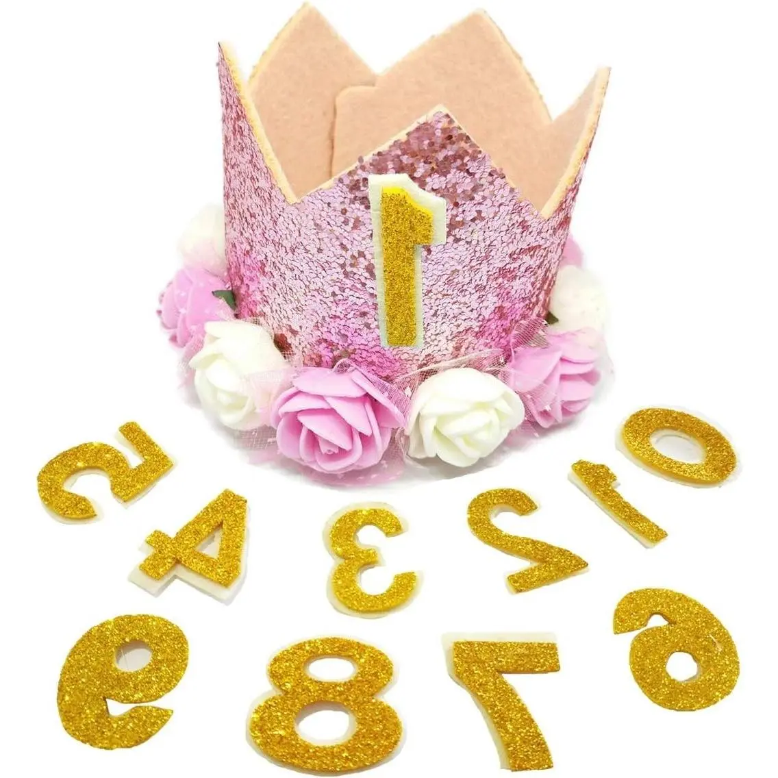 Pink Crown Dog Birthday Party Hat for Girls Reusable Cat Kitten Headband with 0-9 Figure Charms Grooming Accessories with Glue, Pack of 1Gift