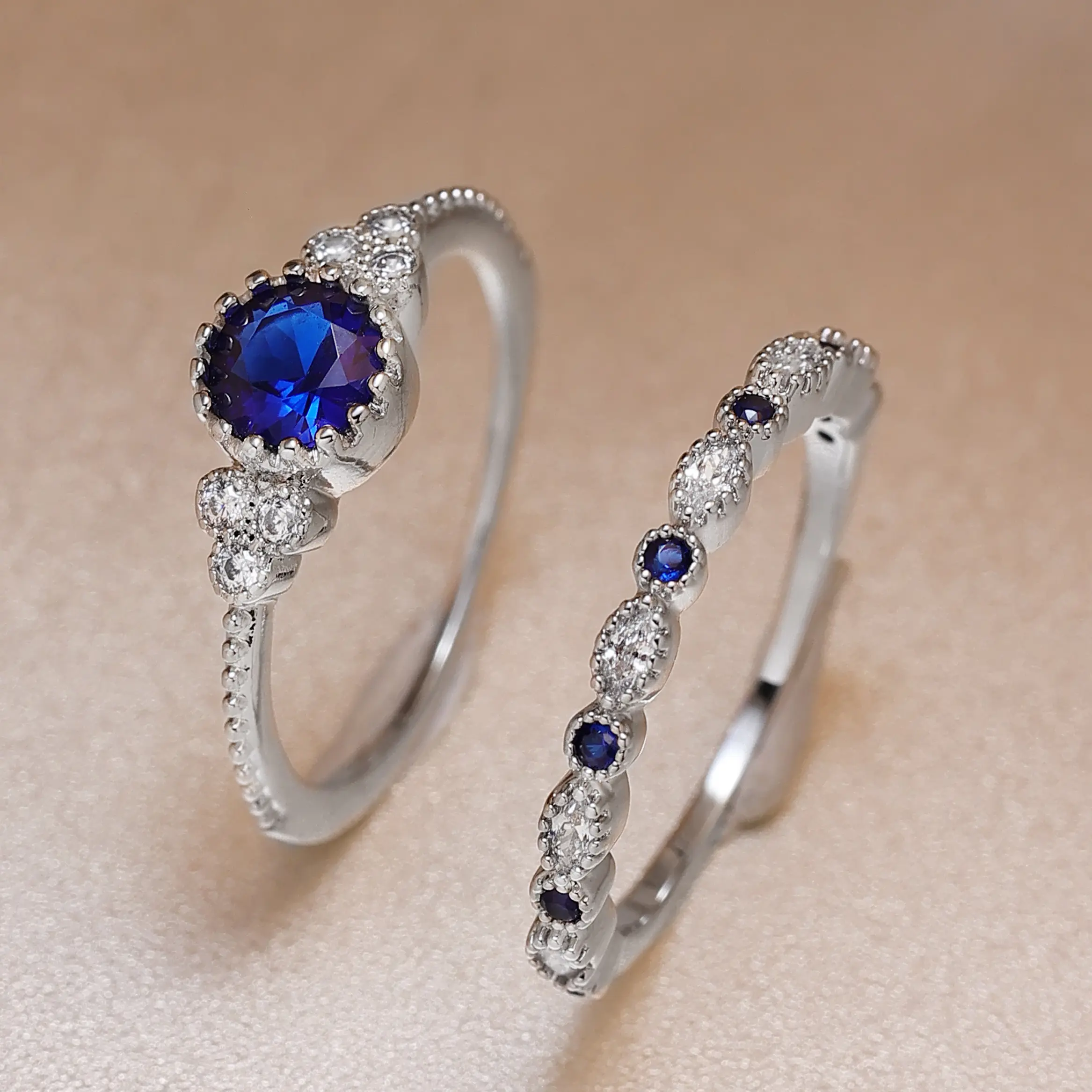 Elegant 2-Piece Blue Stone Engagement & Wedding Ring Set for Women, Sapphire-Tone Statement Bands with Milgrain Detail, April Birthstone Jewelry Gift for Anniversaries, Weddings & Daily Wear